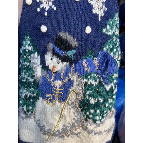Vintage Snowman Christmas Sweater Vest Navy Beaded Holiday Knit Oversized Small - Picture 11 of 13